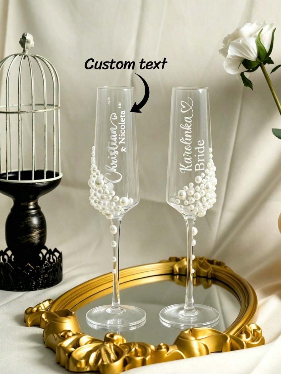 1pc Customized Pearl Champagne Flute, Personalized Wedding Toasting Cup, Bridal Shower Gift, Elegant Engagement Gift - Transparent - View 1