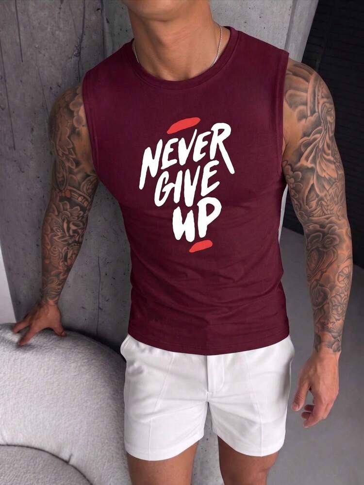ZYNTH BALENO Men's Summer Fashion "Never Give Up" Print Tank Top, Essential Cool Summer Wear Sports - Burgundy - View 7