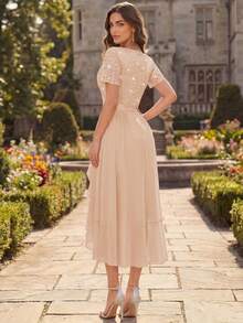 MIUSOL V-Neck Sequin Lace Patchwork Chiffon Ruffle Hem Elegant Ball Party Full Skirt, Suitable For Wedding Guests, Dinner Summer - Champagne - View 3