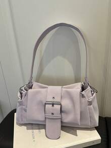 Bolso de hombro de moda dulce para dama, bolso de estilo coreano fresco para llevar bajo el brazo con remaches, hebilla, forma cuadrada, diseño plisado, gran capacidad - Púrpura malva - Ver 10
