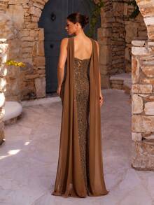 VIPGIRL Elegante vestido de noche de lentejuelas marrones - Silueta entallada sin tirantes y capa superpuesta de gasa transparente | Ideal para eventos formales de alta gama y ocasiones especiales como bodas y fiestas de primavera - Mostaza Amarilla - Ver 3
