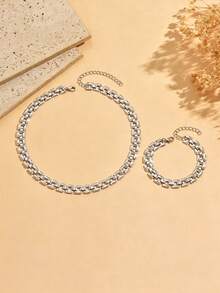 2 Stücke/Set modisches minimalistisches Metall-Uhrenketten-Set, elegante Einzelhalskette & Armband-Kombination, modischer Damen-Hand- & Hals-Schmuck, geeignet für den täglichen Gebrauch und Partys, auch als Geschenk für Freunde und Familie - Silber - Übersicht 2