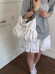 Bolso bandolera casual minimalista ligero con estampado de lunares para mujer, bolso tote de gran capacidad con múltiples bolsillos, adecuado para la escuela, compras, trabajo y viajes - Blanco - Ver 7