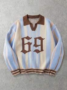 1pc Tween Boys' Vintage Striped Polo Collar Loose Sweater, Spring/Autumn/Winter - Multicolor - View 6
