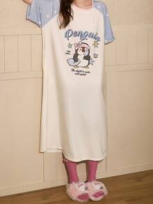 Gongdie Camisón de verano para mujer, vestido de casa de algodón modal suave con manga corta, estampado de pingüino de buenas noches y mangas con lunares en bloques de color - Blanco - Ver 8