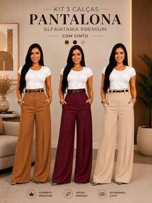 Kit 3 Women's Tailored Trousers With Belt - 焦糖色/酒紅色/米色 - 查看 5