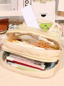 1pc Large Multi-Compartment Pencil Case, Waterproof Portable Stationery Storage Bag, Cute Organizer Pouch, Suitable For School, B, First Day Of School - Multicolor - View 5