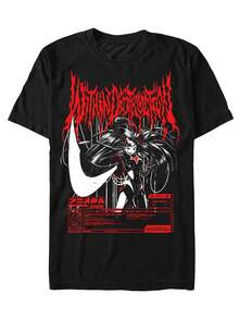 T-shirt casual da uomo e donna in stile anime, in metallo, 2025, rossa e nera, con design gotico di demone, testo giapponese e simbolo della luna, girocollo, maniche corte, comoda e traspirante - nero - Visualizzare 2