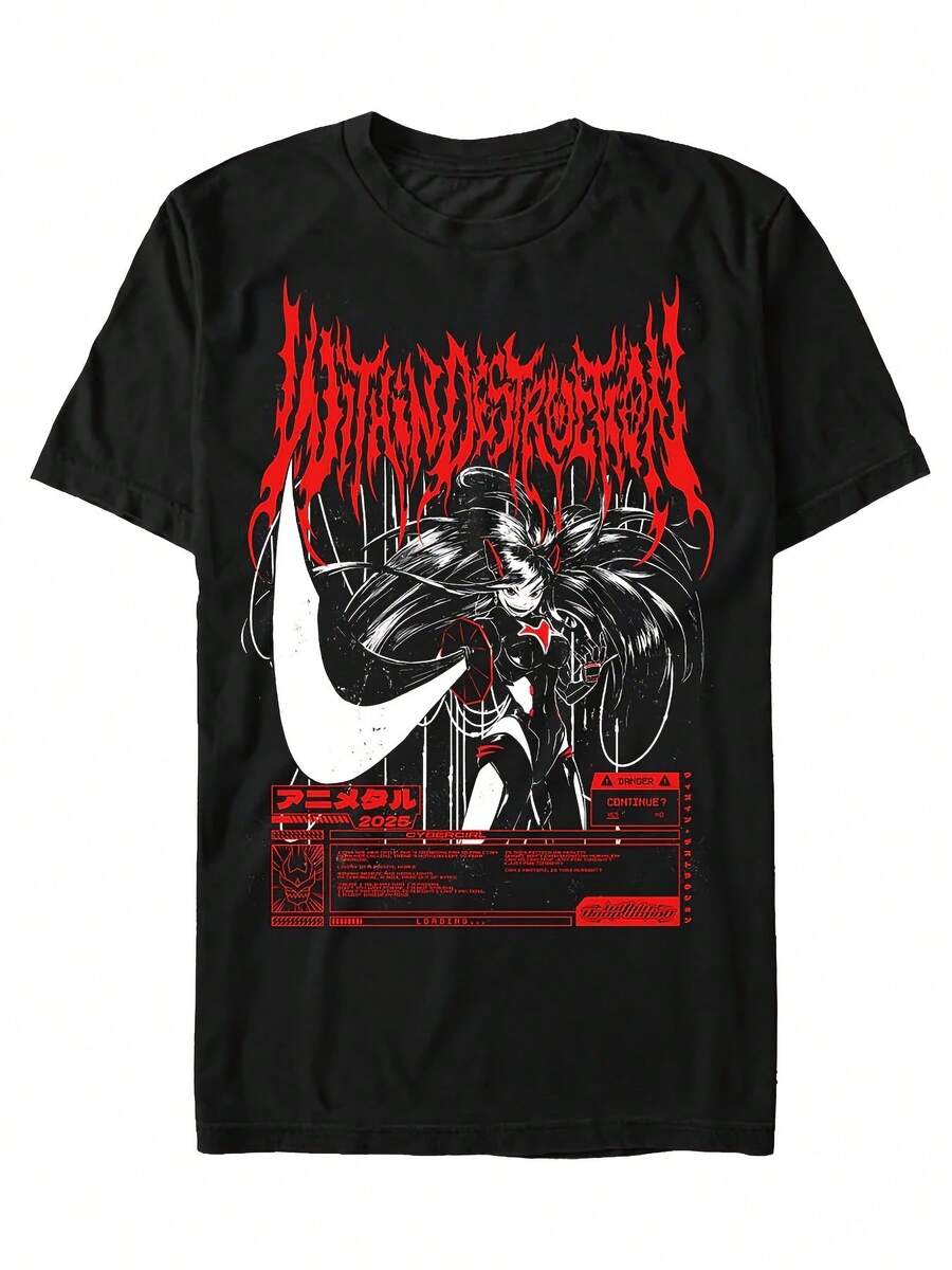 T-shirt casual da uomo e donna in stile anime, in metallo, 2025, rossa e nera, con design gotico di demone, testo giapponese e simbolo della luna, girocollo, maniche corte, comoda e traspirante