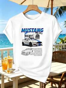 Shirt In Cotone With Graphic Mustang Shelby, Primavera, Cotone Morbido, Girocollo, Vestibilità Comoda, Stile Street Hip-Hop - White - View 2