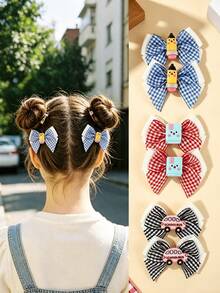 2/6pcs Plaid Print Double Layer Bow Hair Clips, Cute Cartoon School Style Hair Accessories, Suitable For School And After School Wear, Gift Choice For Back To School And Graduation Season - Multicolor - View 4