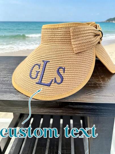 Sombrero de playa personalizado, sombrero de sol personalizado, sombrero de playa de paja bordado personalizado con lazo, sombrero de sol de ala ancha plegable para mujeres, estilo vacaciones