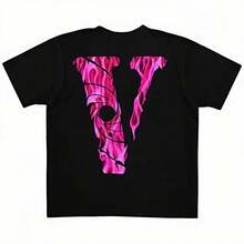 Camiseta unisex de manga corta estilo Y2K con estampado en forma de V, top de verano, ajuste holgado, algodón puro/transpirable/absorción de sudor, musero, verano hombre - Negro - Ver 1