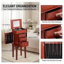 Standing Jewelry Chest 10.6" X 8.5" X 33.8" For Bedroom Dressing Room Living Room, Flip Top Mirror 3 Drawers, 4 Storage Compartments Zinc Alloy Handles 6 Necklace Hooks Wood Grain Finish 2 Side Doors-XY212648 - Multicolor - View 2