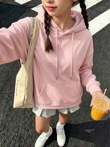 女款秋冬新款純色連帽衛衣，抽繩設計，附口袋，休閒百搭寬鬆上衣，時尚日常穿搭 - 淺粉色 - 查看 1