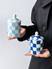1pc Hand-Painted Checkered Ceramic Storage Jar With Lid, Multi-Color Grid Airtight Container For Kitchen Coffee, Sugar, Tea Storage, Bathroom Vanity Decor - Multicolor - View 8