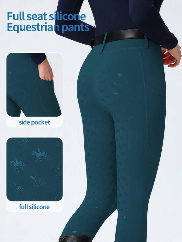 ROYALS MATTINI Women's Equestrian Cycling Pants With Convenient Pockets On Both Sides, High Waist Butt-Lifting All-Match Solid Color Minimalist Versatile Design, Durable Printed Logo Professional Competition Training Outdoor Sports Pants, Suitable For All Seasons