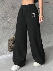 1pc Girls' Teen Loose Fit Bow Print Straight Leg Pants, Warm For Spring, Autumn, Winter - Black - View 11