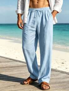 男士夏季亞麻休閒長褲，抽繩鬆緊腰頭，透氣直筒長褲，適合海灘、度假、日常穿著與通勤 - 淺色水洗藍 - 查看 2
