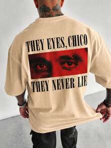 Fractyr 男士雙面印花寬鬆T恤，「Their Eyes Young Men, They Never Lie」紅色眼睛圖案短袖圓領上衣，復古街頭風休閒上衣，柔軟舒適，適合城市生活與電影迷 - 杏色 - 查看 2