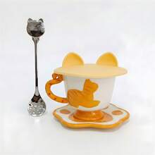 Hand Glazed Embossed Pattern Ceramic Coffee Mug Set Shaped Cup With Tail Handle Paw Print Coaster Silicone Lid Stainless Steel Spoon Novelty Kitchen Tabletop Drinkware - Yellow - View 6