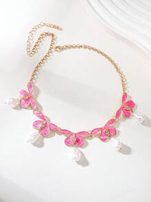 1pc Summer Fashion Bohemian Style Hand-Painted Enamel Baroque Asymmetrical Faux Pearl Pendant Necklace, Women's, Suitable For Beach Vacation, Travel, Party And Daily Decoration - Gold - View 5