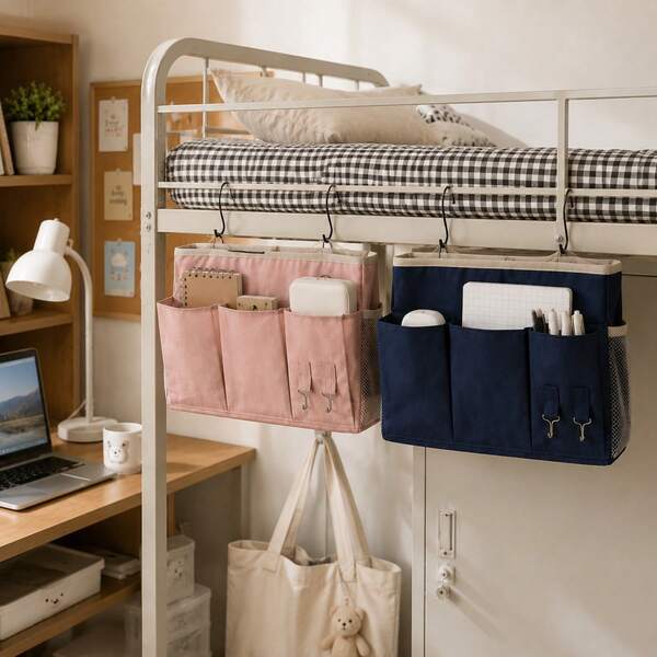 1pc Fabric Bedside Hanging Storage Bag, Large Capacity Multi-Pocket Organizer, Suitable For Dormitory Bunk Bed, Can Hold Phone, Books, Snacks, Cosmetics And Remote Control, Essential Storage Accessory For Student Dorm