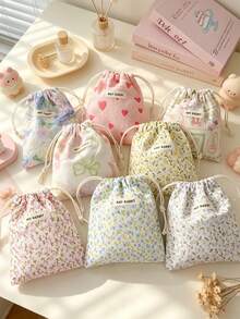 Cute Floral Drawstring Storage Bag Small Fabric Makeup Pouch Portable Jewelry Lipstick Coin Purse Kawaii Mini Travel Storage Sack For Women Daily Use - Multicolor - View 1