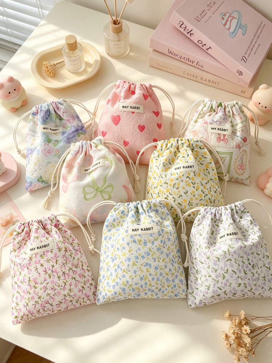 Cute Floral Drawstring Storage Bag Small Fabric Makeup Pouch Portable Jewelry Lipstick Coin Purse Kawaii Mini Travel Storage Sack For Women Daily Use - Multicolor - View 1