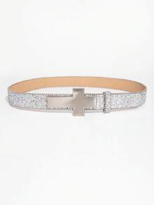1 pieza Cinturón de hombre estilo punk rock Y2K de mezclilla plateada con tachuelas de estrella y pedrería incrustada, accesorio versátil para jeans, adecuado para uso diario - Plata - Cruz - Ver 4