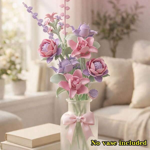 Set Of 320 Pieces Powder-Purple Camellia Preserved Flower Building Block Bouquet, DIY Assembled Simulated Building Block Flowers, Romantic Desktop Ornaments For Home Use, Holiday Gifts For Women