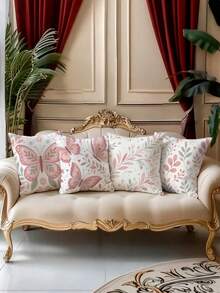 shangxia 4PCS- Bean Paste Pink Gentle Butterfly Branch & Leaf Print Pillowcase, Low Saturation Soft Pink Floral Leaf Heart Pattern Cushion Cover, Living Room French Cream Soft Decor Pillow- (Pillow Insert Not Included) - (Printed) - (No Embroidery) - Multicolor - View 2