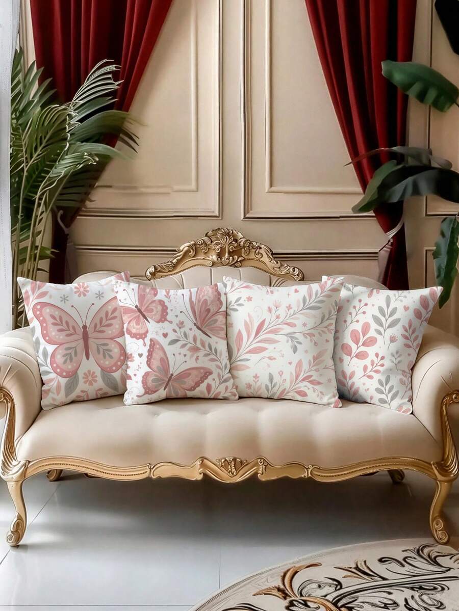 shangxia 4PCS- Bean Paste Pink Gentle Butterfly Branch & Leaf Print Pillowcase, Low Saturation Soft Pink Floral Leaf Heart Pattern Cushion Cover, Living Room French Cream Soft Decor Pillow- (Pillow Insert Not Included) - (Printed) - (No Embroidery)