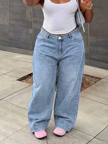 Plus Size Casual Fashionable Washed Loose Wide-Leg Jeans - Light Wash - View 1