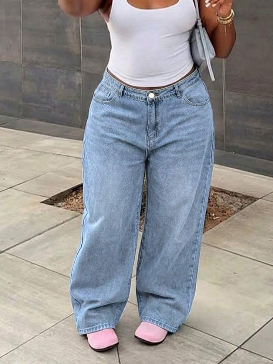 Plus Size Casual Fashionable Washed Loose Wide-Leg Jeans - Light Wash - View 1