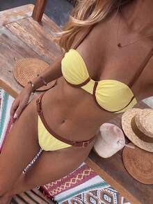 Bikinx Women's Underwire Colorblock Ruched Bust Bikini Set, Spaghetti Strap Backless Tie Swimwear, Suitable For Beach Vacation Summer - Multicolor - View 10