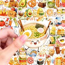 50Pcs Cute Smiling Food Stickers, Waterproof Hand Drawn Breakfast Noodle Fruit Snack Decals For Skateboard Laptop Car Water Bottle - A - View 3