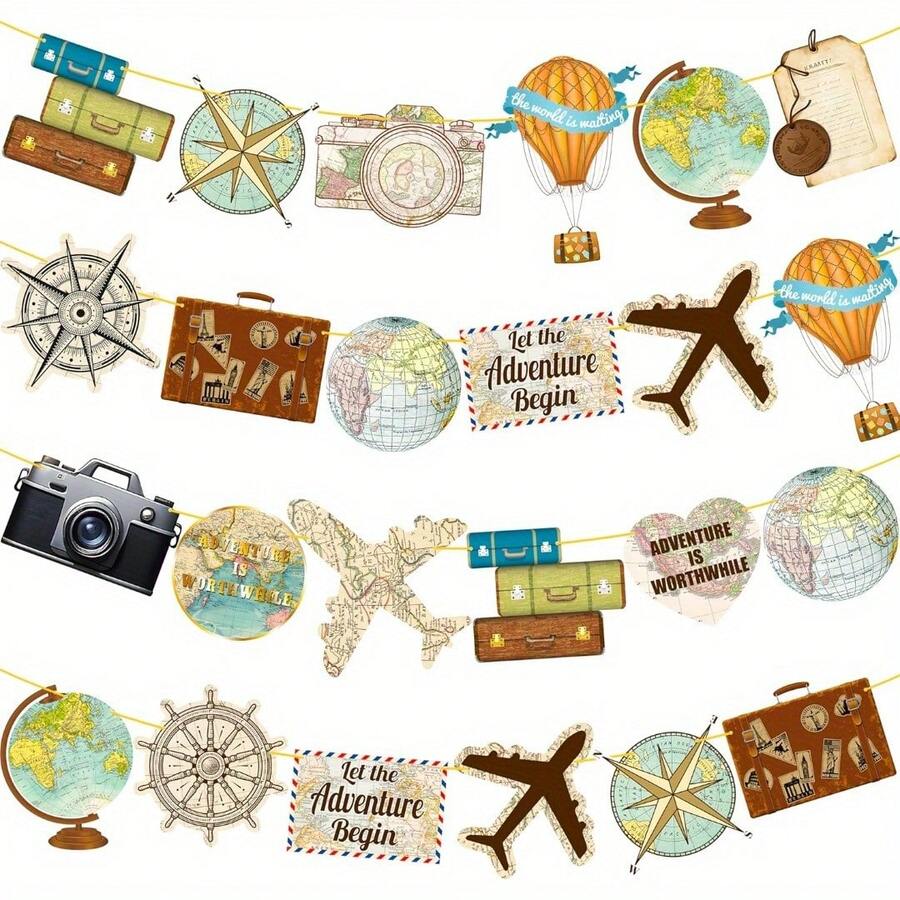 Bộ 24 cờ treo tam giác chủ đề du lịch vintage, banner trang trí bản đồ thế giới phong cách du lịch cổ điển, banner tiệc nghỉ hưu phiêu lưu, phù hợp cho tiệc chủ đề và tiệc du lịch - Giương cao lá cờ - Xem 1