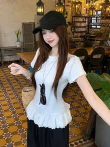 Women's Lace Patchwork Embroidered Trim Round Neck Short Sleeve T-Shirt, Summer Versatile Slimming Top - White - View 3