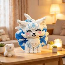 1500+片戴帽小熊、1000+片九尾狐微粒動物積木模型裝飾品，高難度DIY手工3D混色拼圖，獨特浪漫DIY紀念品，情侶與戀人理想禮物裝飾，靜態版，不含燈光 - 1000+pcs藍白色 - 查看 6