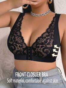 Plus Size Women Lace Patchwork Wireless Bra, Breathable Non-Slip Supportive Seamless Everyday Bra - Black - View 2