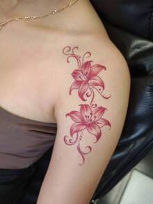3 Sheets Red Watercolor Lily Floral Vine Temporary Tattoo Stickers, Waterproof Long Strip Fake Body Tattoos For Women Arm Leg Thigh Deco - Red - View 2