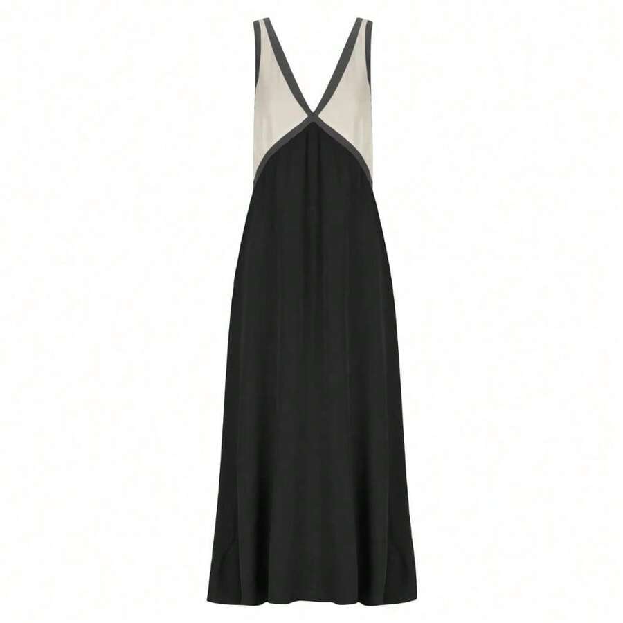 V-Neck Sleeveless Color Blocking Color Clash Swing Dress - 黑色 - 查看 1