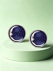 Vintage Aesthetic Moon & Star Stud Earrings, Enamel Round Celestial Starry Sky Earrings, Witchy Astrology Jewelry, Birthday Gift For Women - Silver - View 5