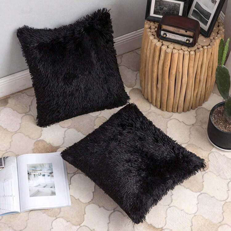 Funda de cojín sin relleno lisa felpa - Negro - Añade 5