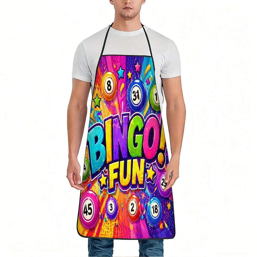 1件 Bingo Fun 圍裙，附可調式腰帶與彩色印花胸前領，耐用易清洗聚酯纖維材質，適用於廚房烹飪、園藝、果園採摘、聖誕節、萬聖節等場合