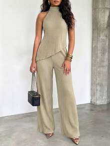 ChicMe Womens Textured 2 Piece Outfits Halter Neck Backless Sleeveless Asymmetric Top With High Waist Wide Leg Pants Set Sexy Date Party Cocktail Outfits - Apricot - View 5