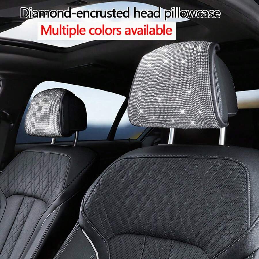 1pc Car Headrest Cover, Black/White/Pink 3 Colors Optional, Rhinestone Studded Breathable Full Rhinestone Headrest Cover, Universal Simple Style Car Interior Decor - A - View 1