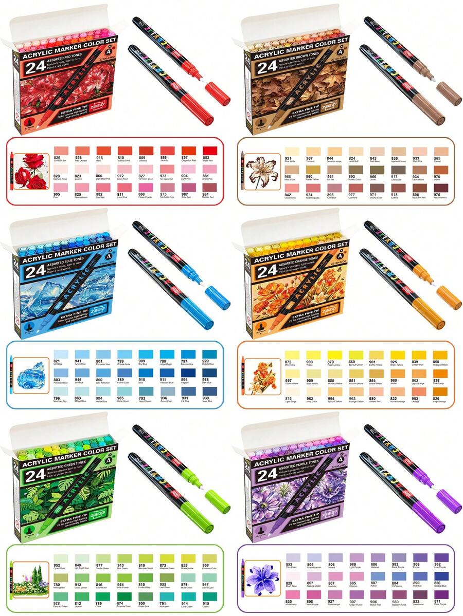ZIBEEF Acrylic Marker Set, 24pcs Professional Color Series - 6 Color Schemes Available, 0.7mm Ultra-Fine Tip Premium Ink & Dual-C, First Day Of School