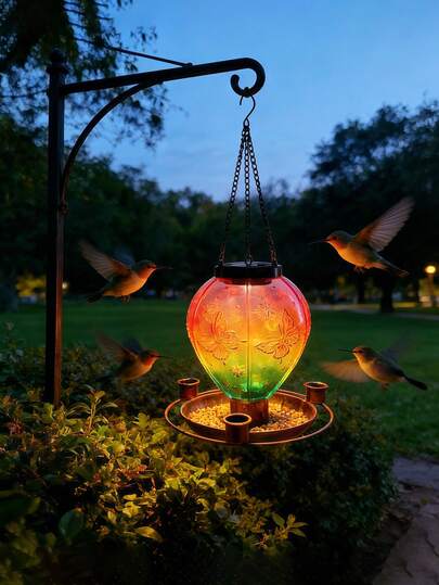 1pc New Solar Butterfly Hot Air Balloon Light Outdoor Iron Bird Feeder Hanging Lamp Garden Yard Decoration Light